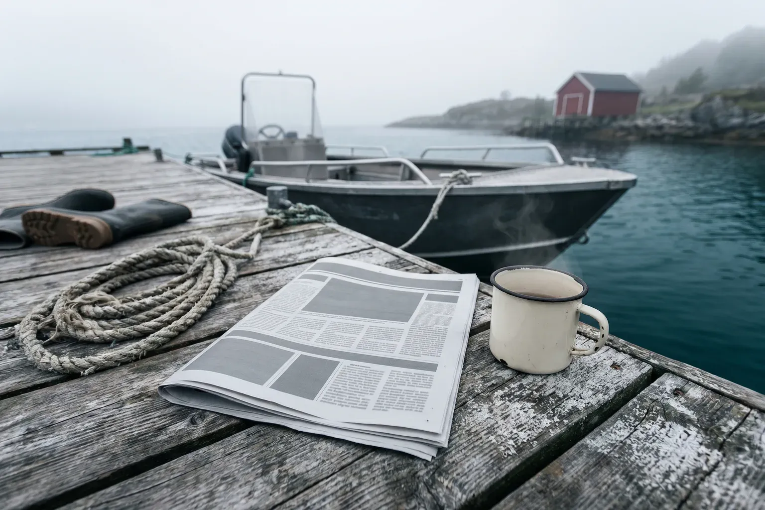Oppslått avis på en trebrygge ved en norsk fjord, med en kaffekopp ved siden av og en fiskebåt i bakgrunnen i morgenlys